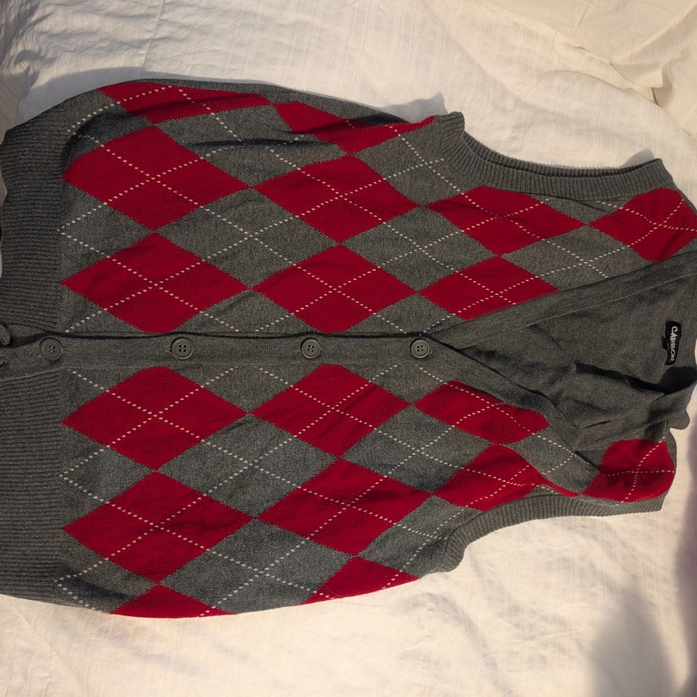 Carbon Gray and Red Argyle Cardigan Sweater